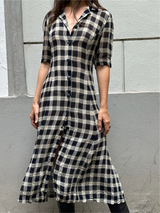 Vintage Dark Navy & Cream Plaid Collared Midi Dress M