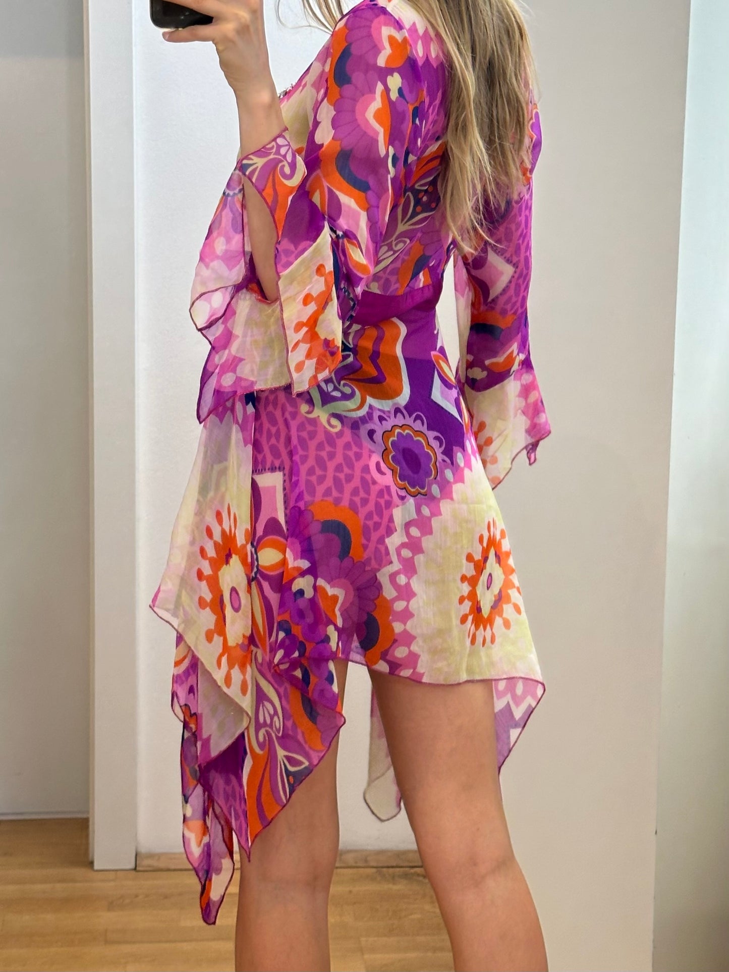 Colourful Printed Pink Multicolour Tunic Sheer Top S