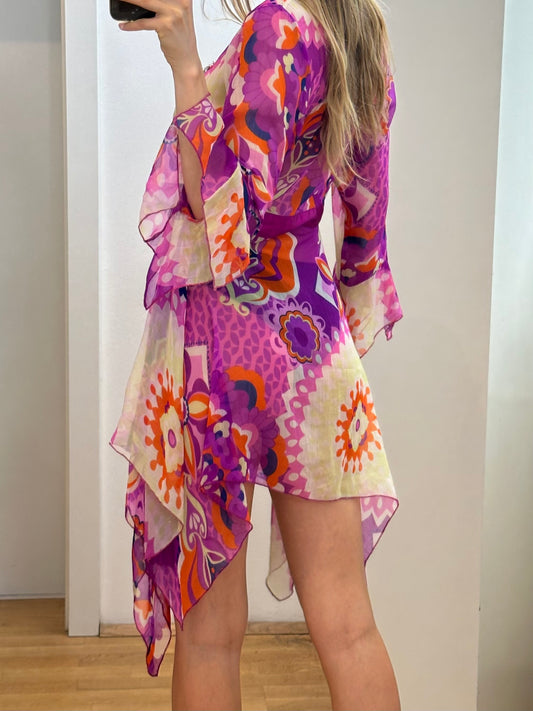 Colourful Printed Pink Multicolour Tunic Sheer Top S