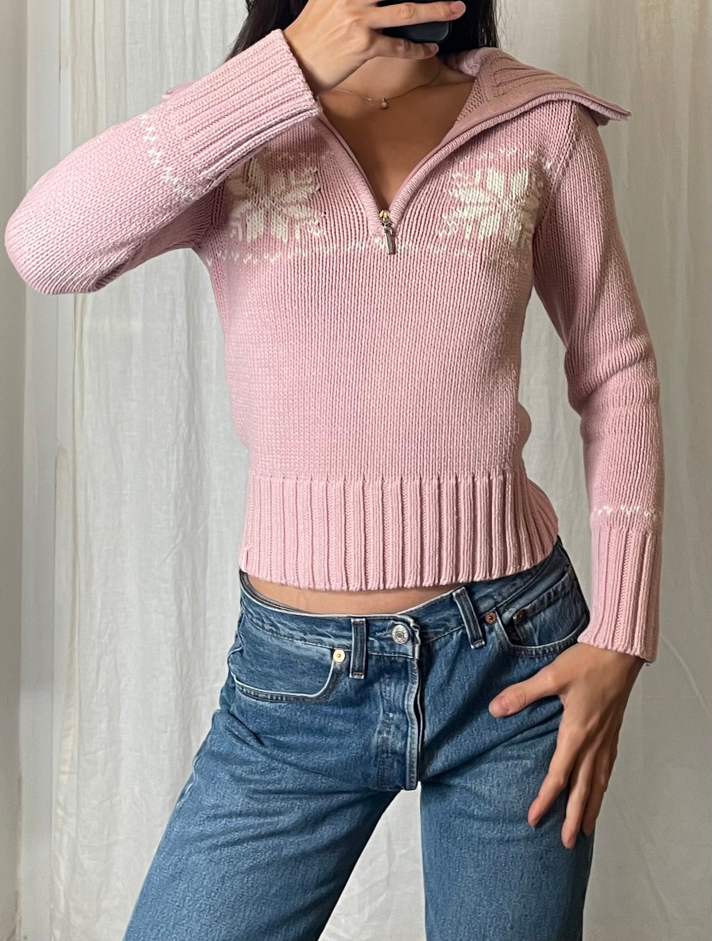 Pastel Baby Pink Snowflake Zip Sweater S