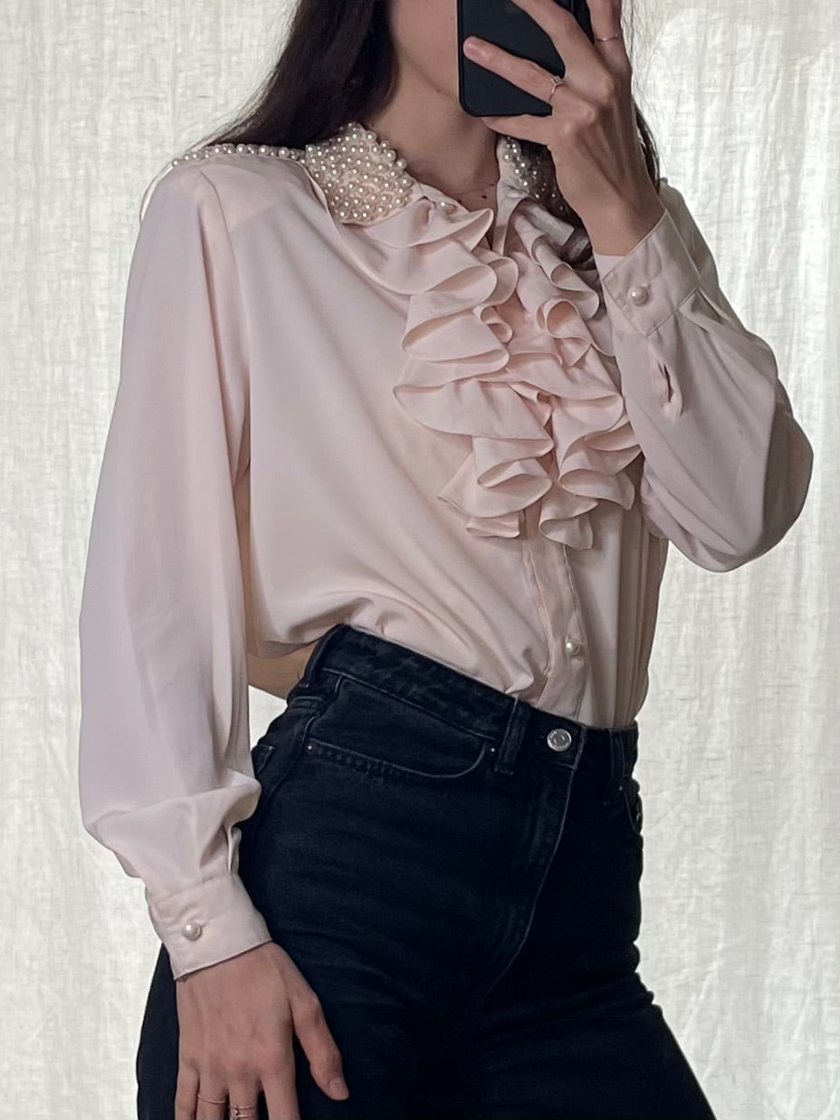 Vintage Light Pink Ruffle Pearl Button Down Blouse S/M