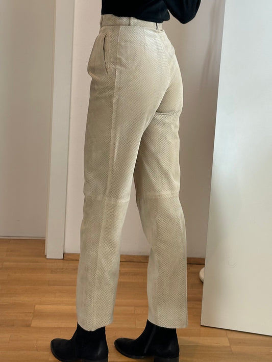 Vintage 100% Genuine Leather Beige High Waister Perforated Trousers XS EU 34