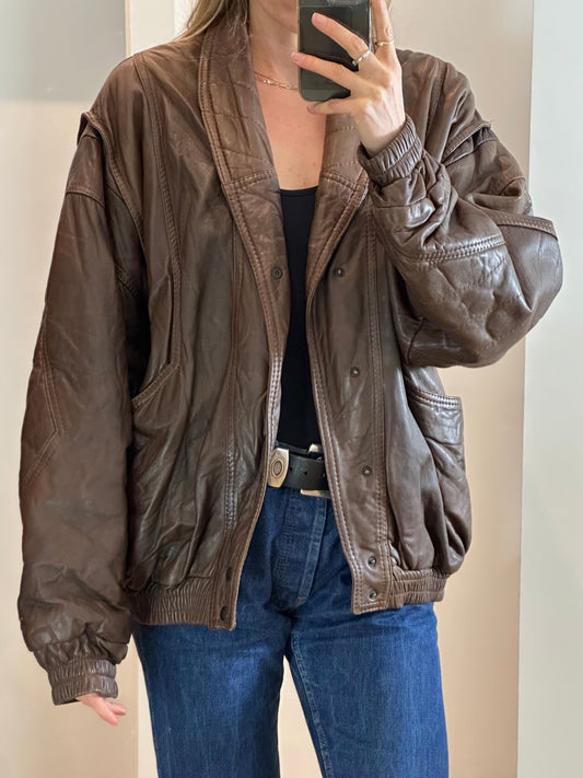 Vintage Brown Leather Bomber Jacket L/XL
