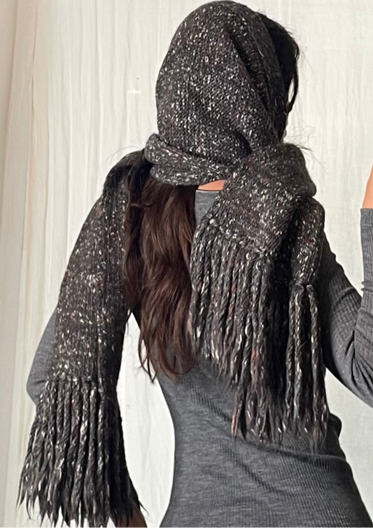 Gray Speckled Wool Fringe Large Chunky Scarf