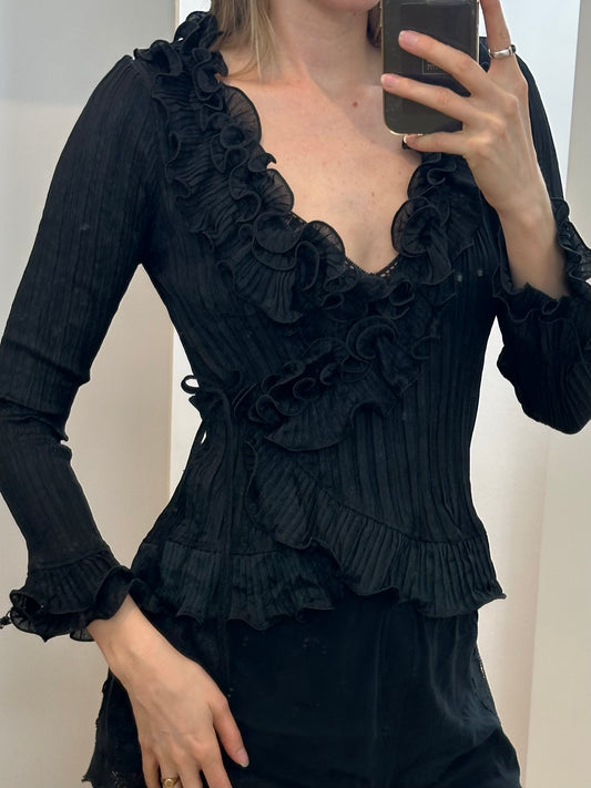 Vintage Black Frills Blouse S