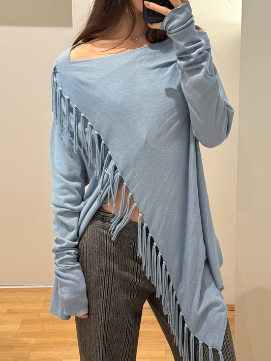 Jones Light Blue Viscose Blend Tassel/Fringe Asymmetrical Top L
