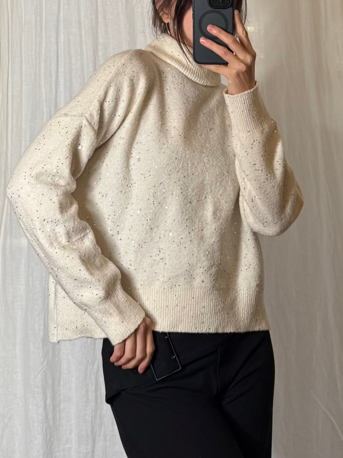 White Sparkly Sequin Turtleneck Sweater S