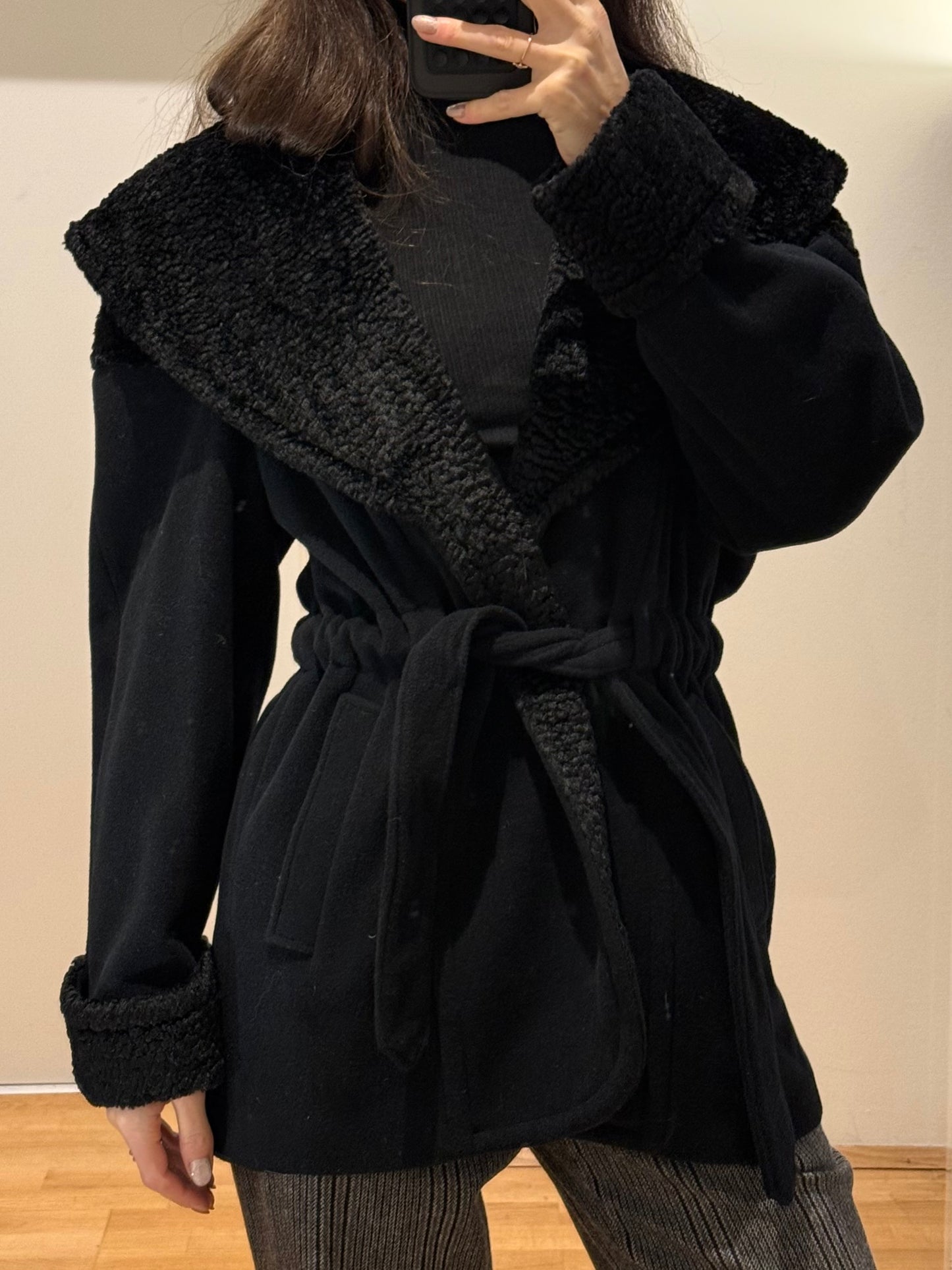 Vintage Black Wool Blend Belted Short Coat M
