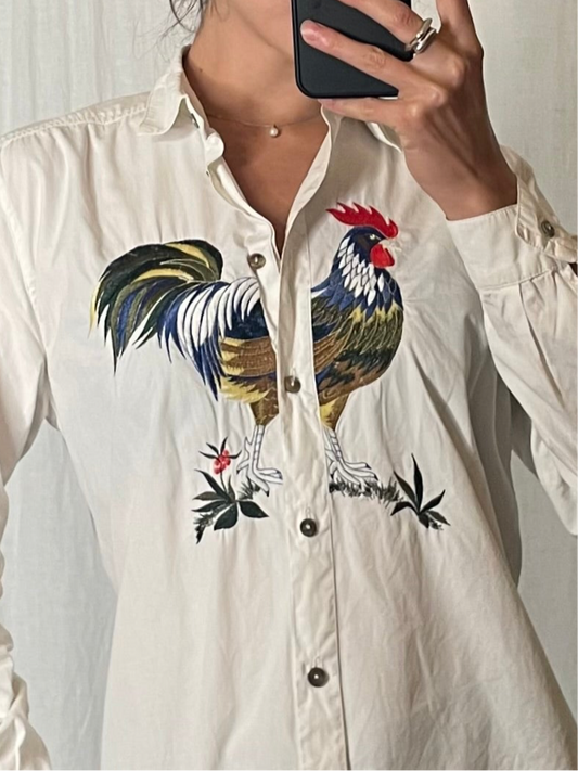 Vintage 100% Cotton Embroidered Rooster Button Down Long Sleeve Top S