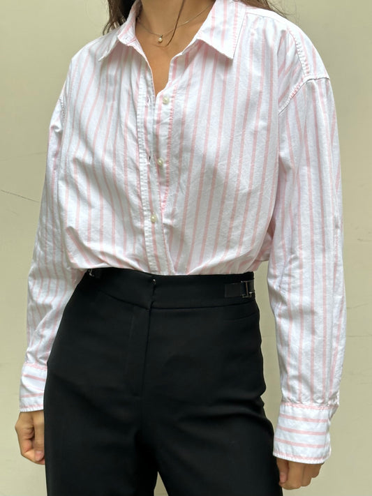 Striped White & Pink 100% Cotton Button Down Shirt M/L