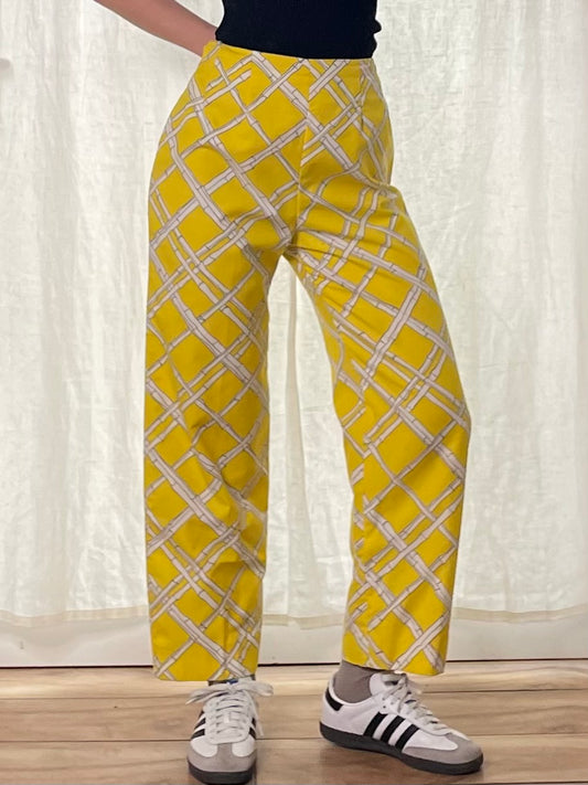 Vintage High Waisted Yellow White Bamboo Trousers M EU 38/40