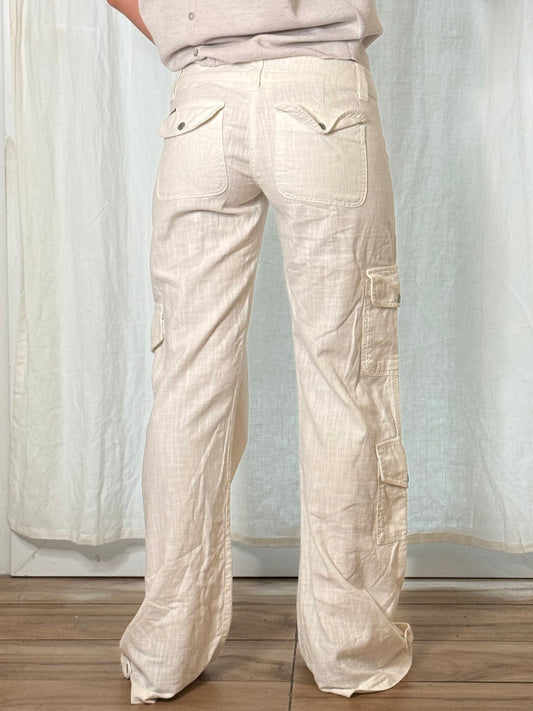 Vintage White Y2K Cotton Low Waisted Cargo Trousers M 38