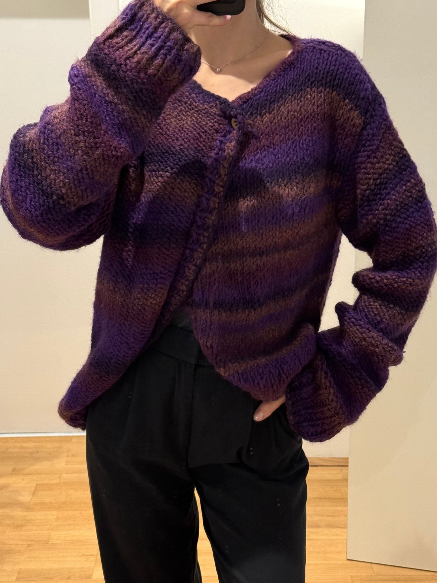 Vintage Wool Handmade Purple Stripe Cardigan Sweater L