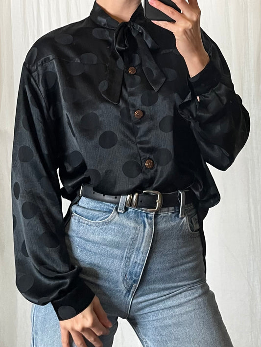 Vintage Black Polka Dot Satin Bow Button Down Blouse M