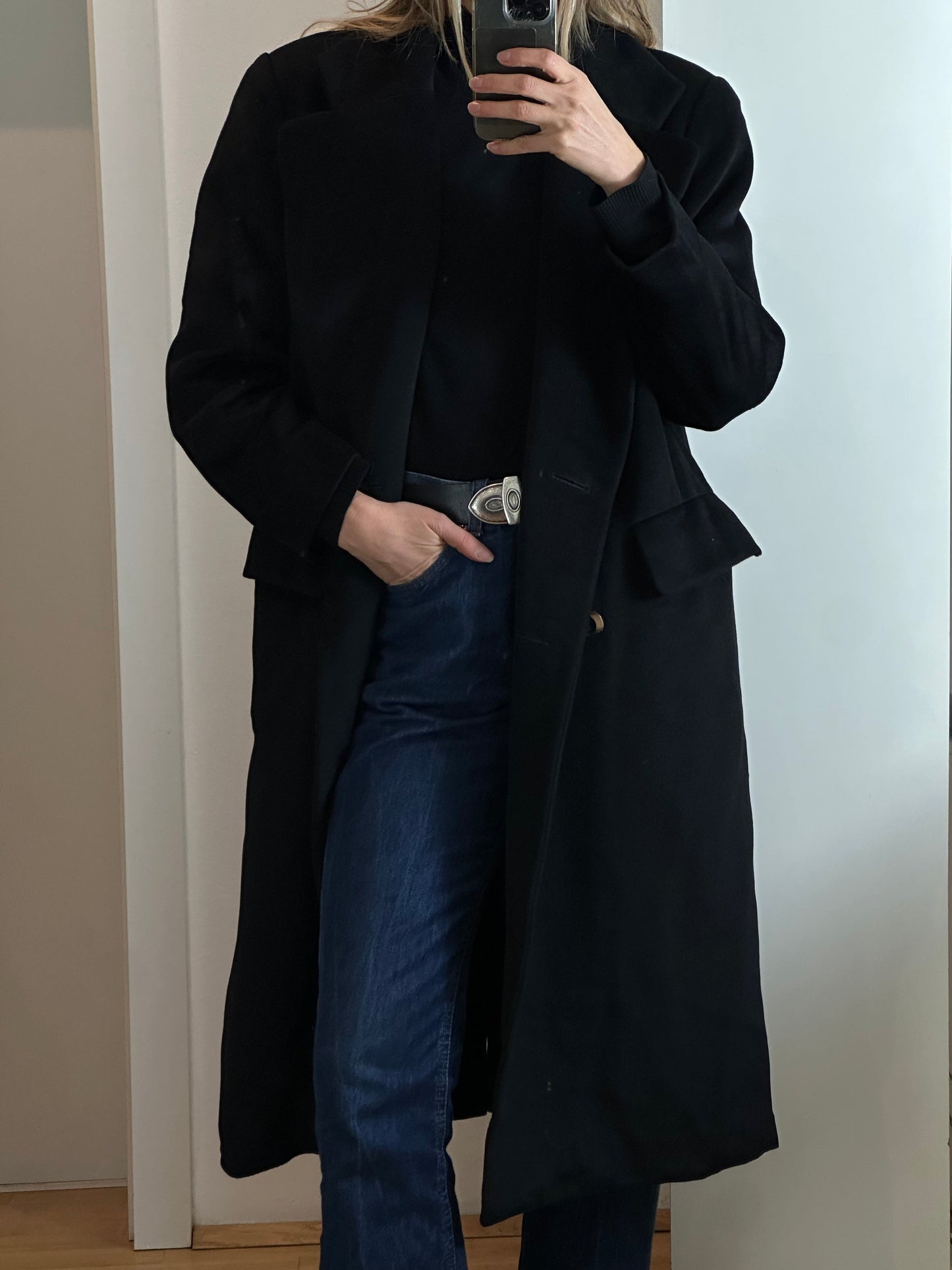 Vintage Black Wool Angora Cashmere Coat L