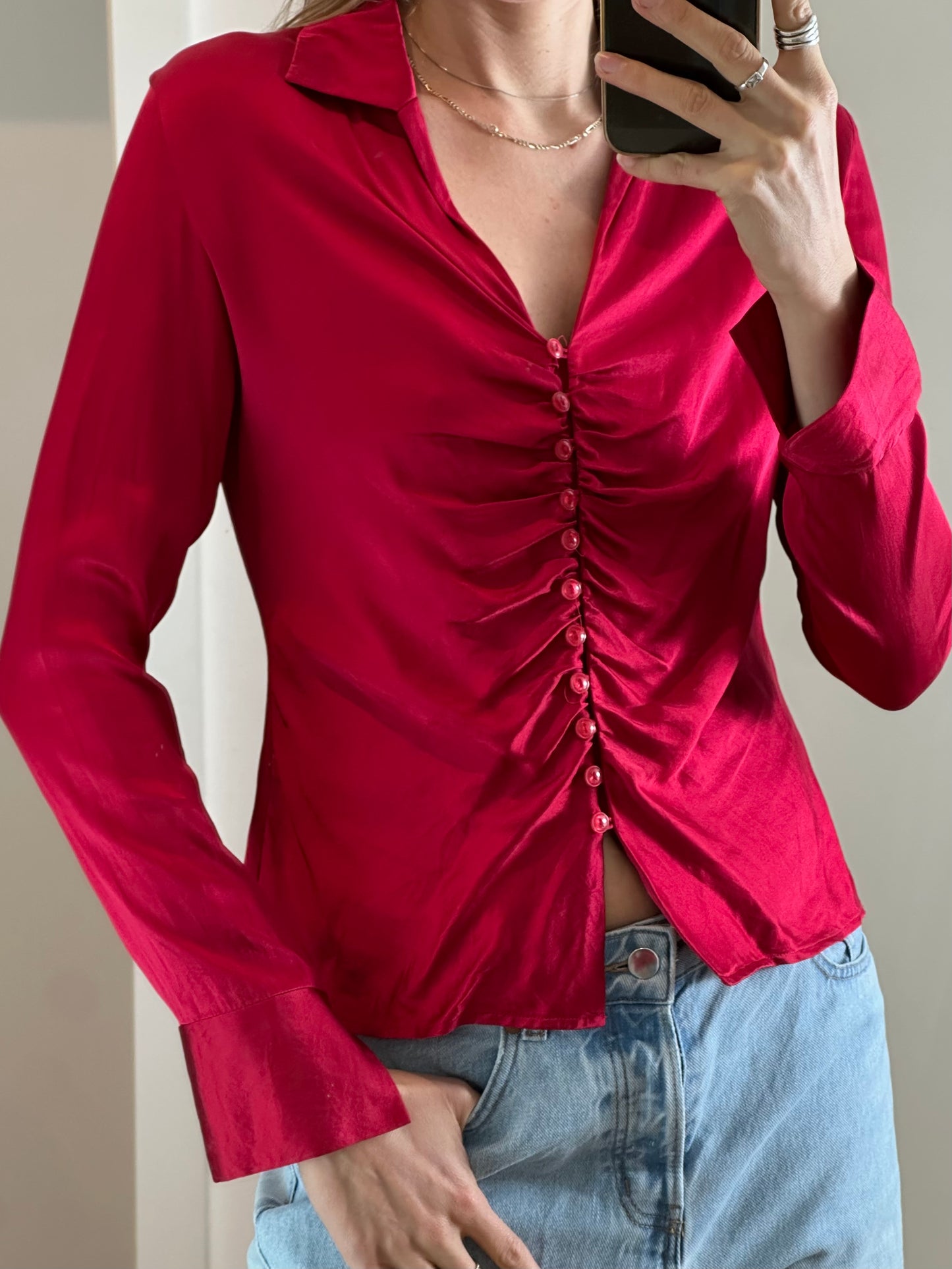 Red 100% Silk Blouse S