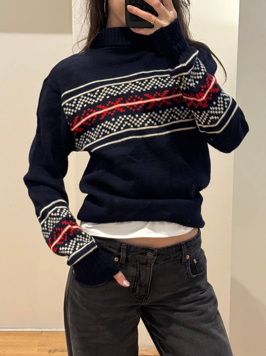 Vintage Wool Navy Pattern High Neck Pullover Sweater M