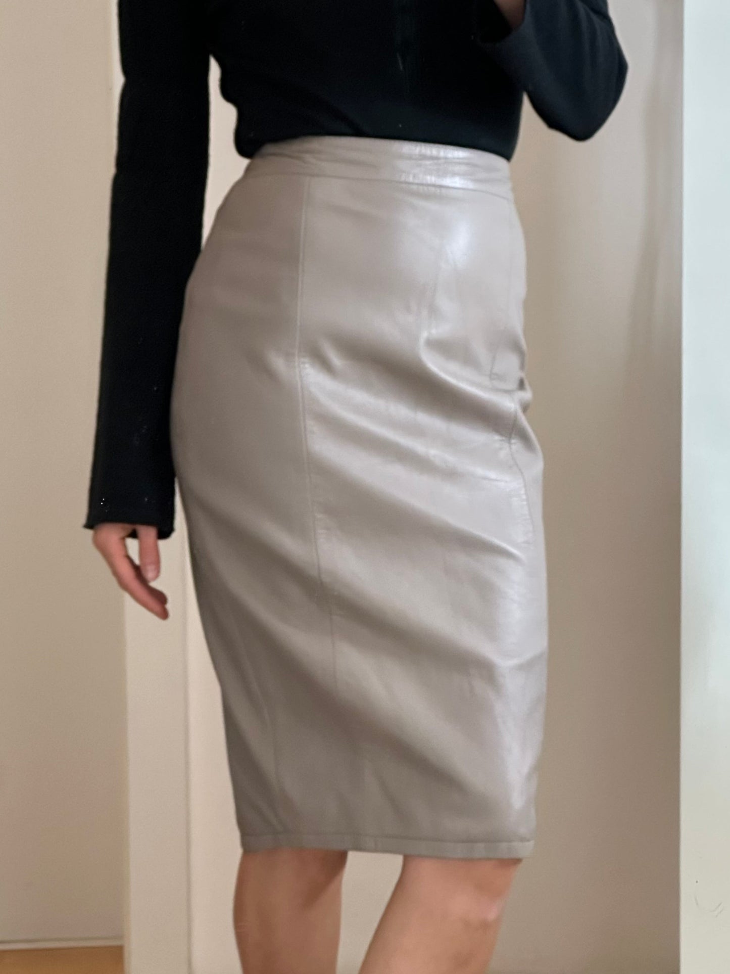 Vintage Gray Leather Midi Skirt S