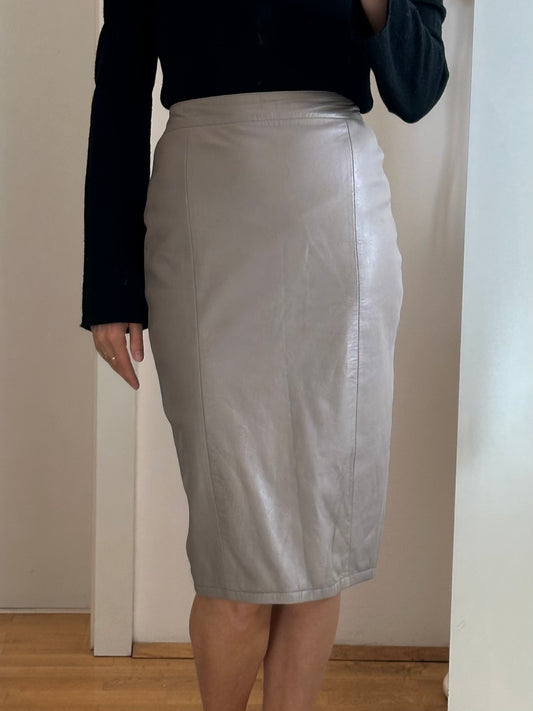 Vintage Gray Leather Midi Skirt S