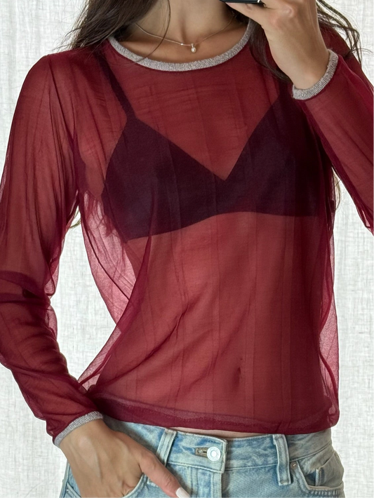 Vintage Y2K Red Sheer Long Sleeve Top S