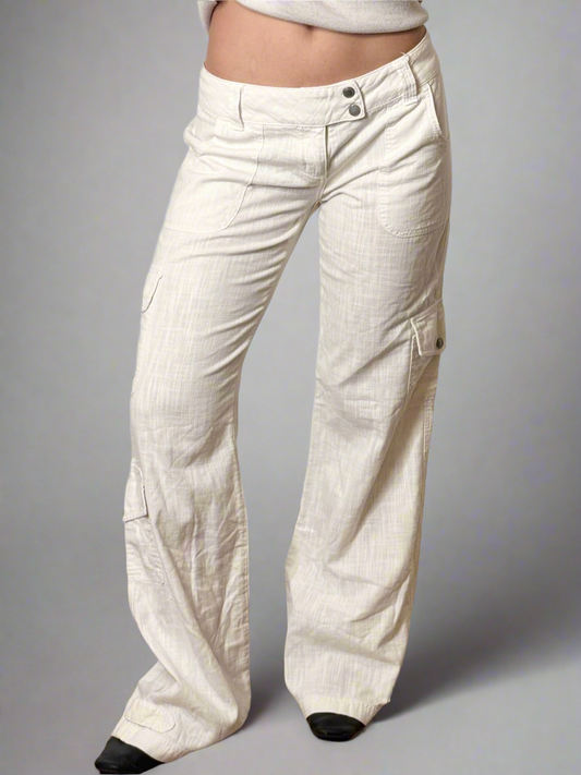 Vintage White Y2K Cotton Low Waisted Cargo Trousers M 38