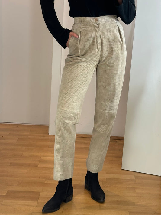 Vintage 100% Genuine Leather Beige High Waister Perforated Trousers XS EU 34