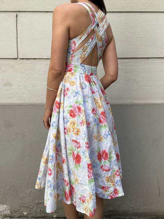 Vintage 100% Cotton Floral Strappy Back Midi Dress XS