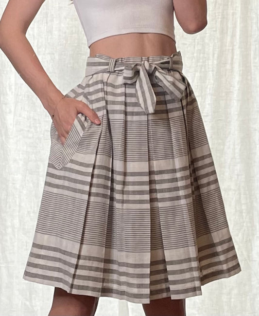 Vintage Pleated Striped Skirt Cream & Gray S