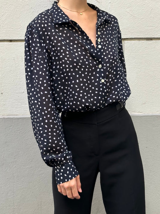Vintage Navy Blue & White Polka Dots Blouse M