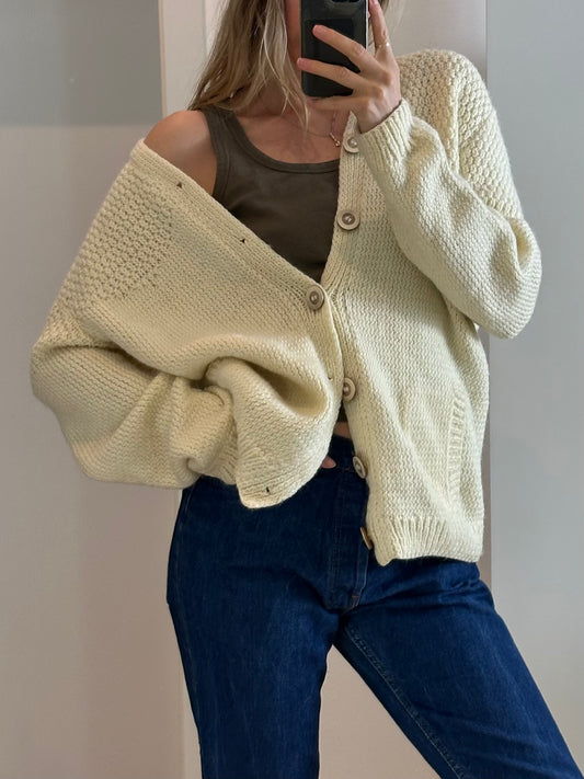 Hand knit Cream Cardigan L