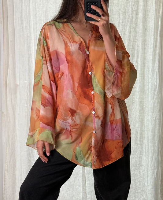 Multicolor Printed Button Down Tunic Long Sleeve Blouse L