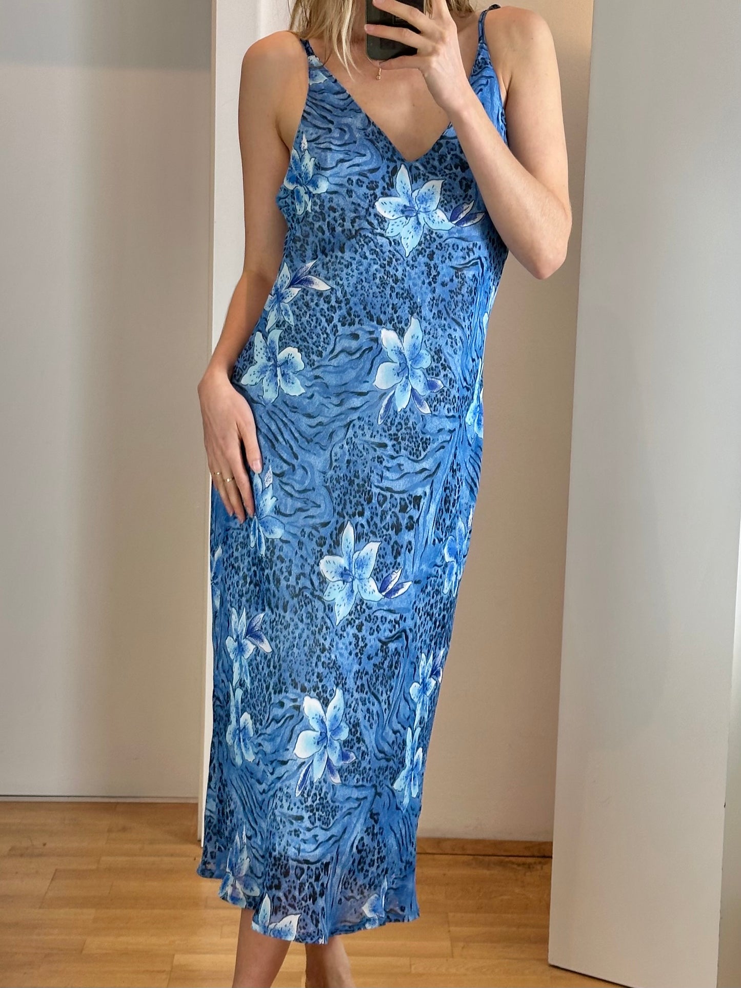 Vintage Floral Blue Maxi Dress M