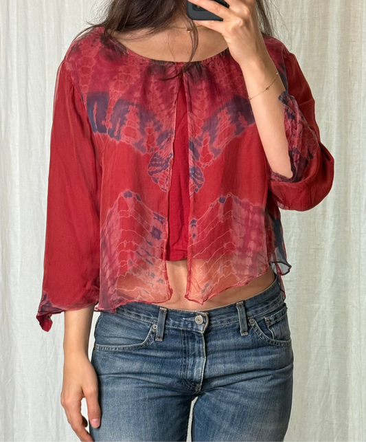 Vintage Silk Blend Tie Dye Burgundy Red Periwinkle Layered Top S/M