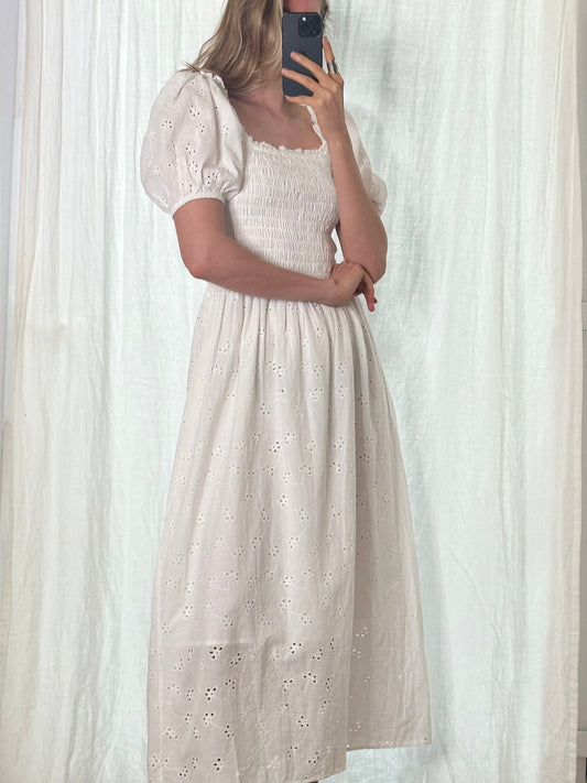100% Cotton White Puff Sleeve Dress S