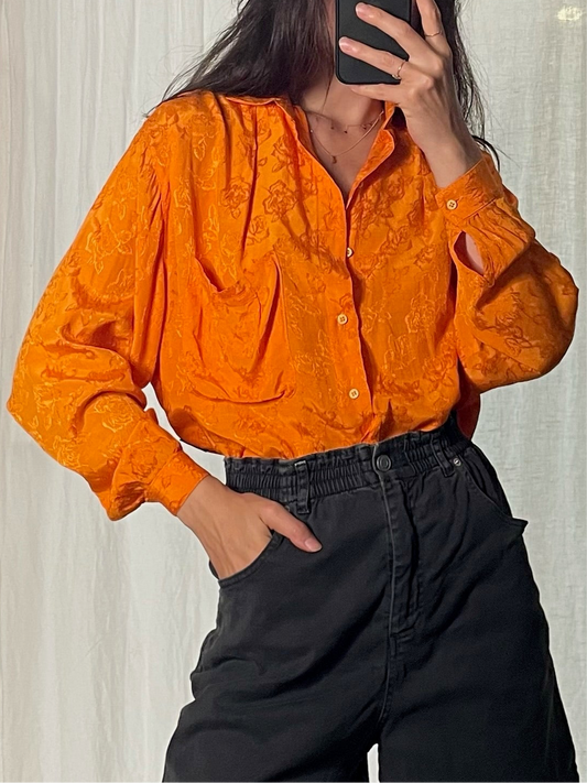 Vintage Orange 100% Viscose Button Down Long Sleeve Blouse S/M