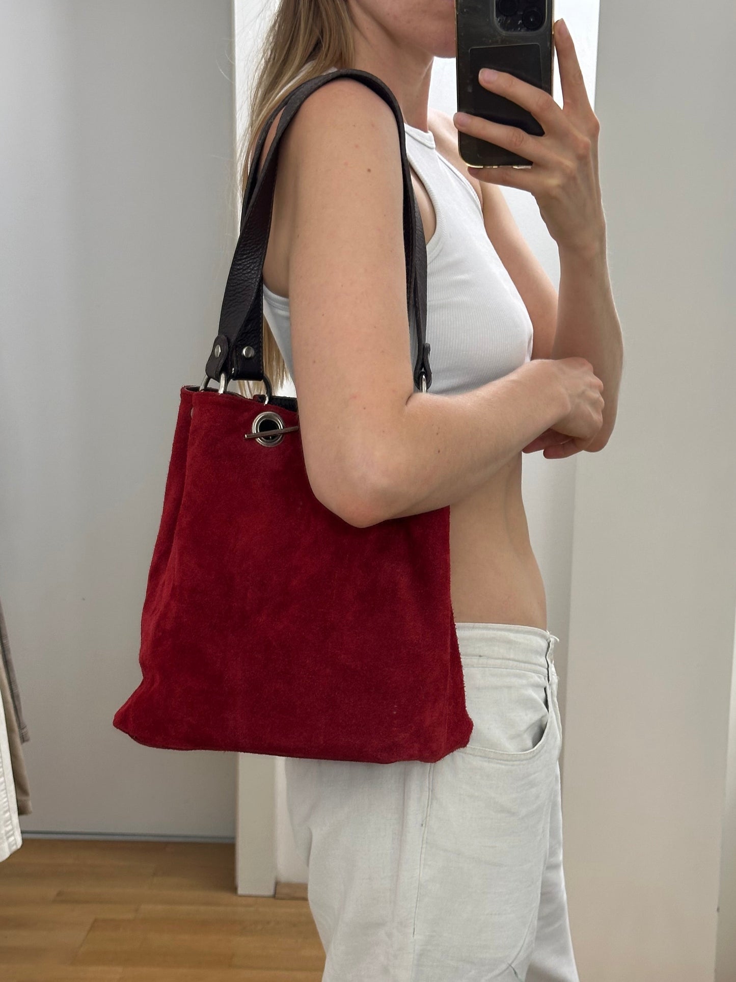 Reversible Suede Leather Red & Brown Bag
