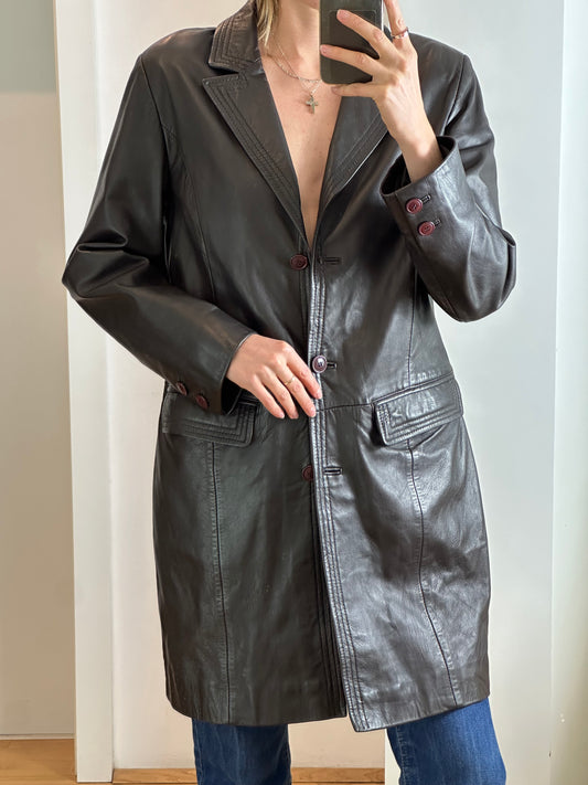 Vintage Dark Brown Leather Coat L