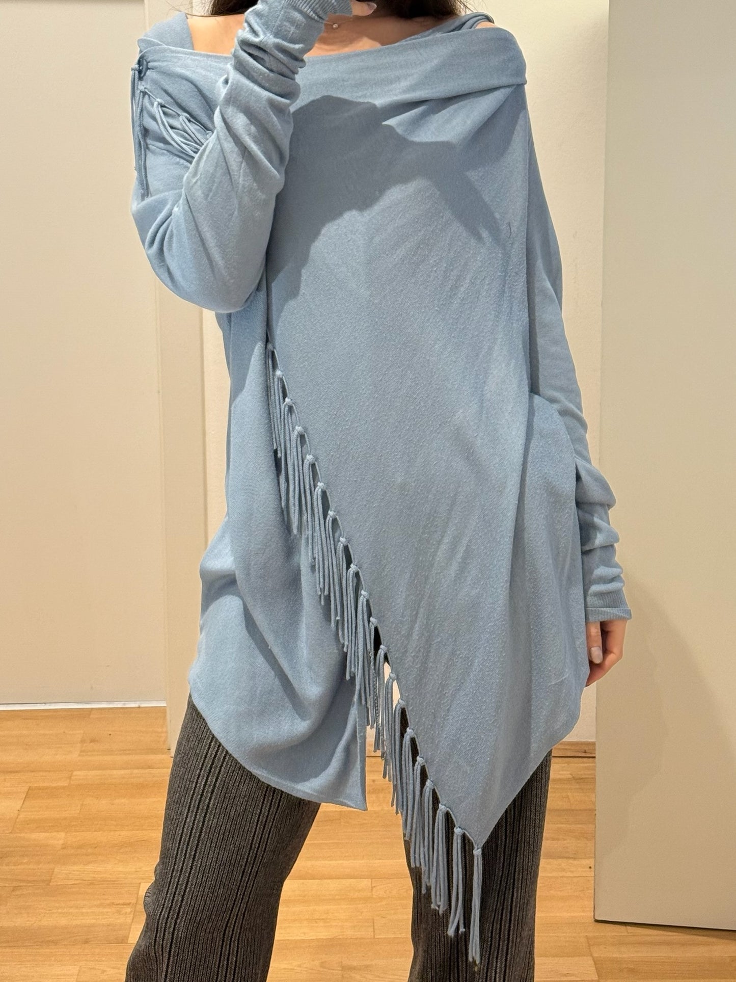 Jones Light Blue Viscose Blend Tassel/Fringe Asymmetrical Top L