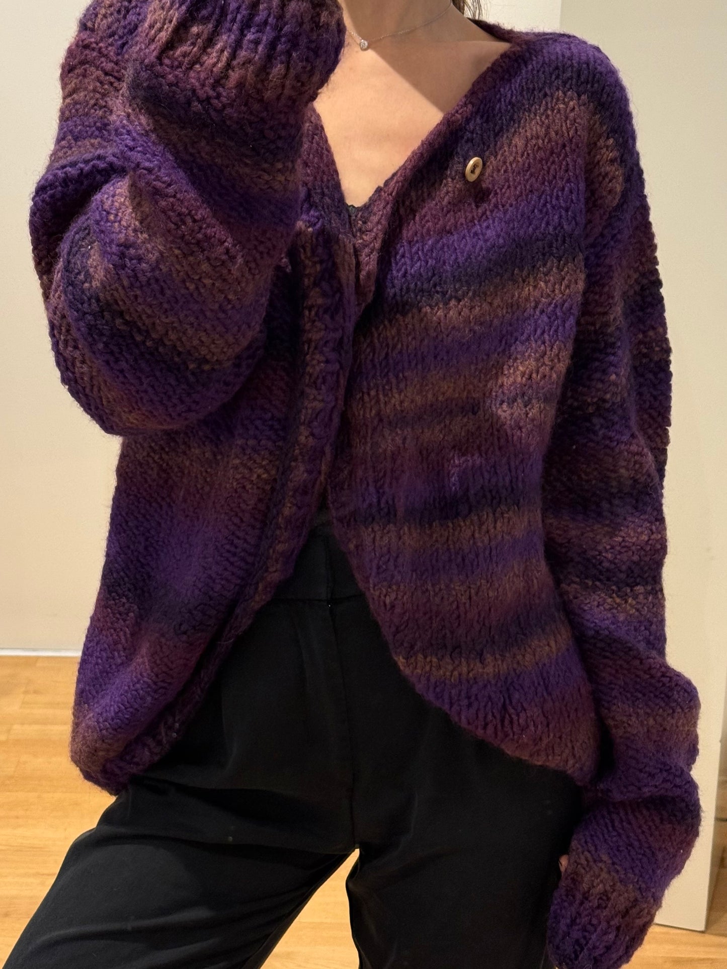 Vintage Wool Handmade Purple Stripe Cardigan Sweater L