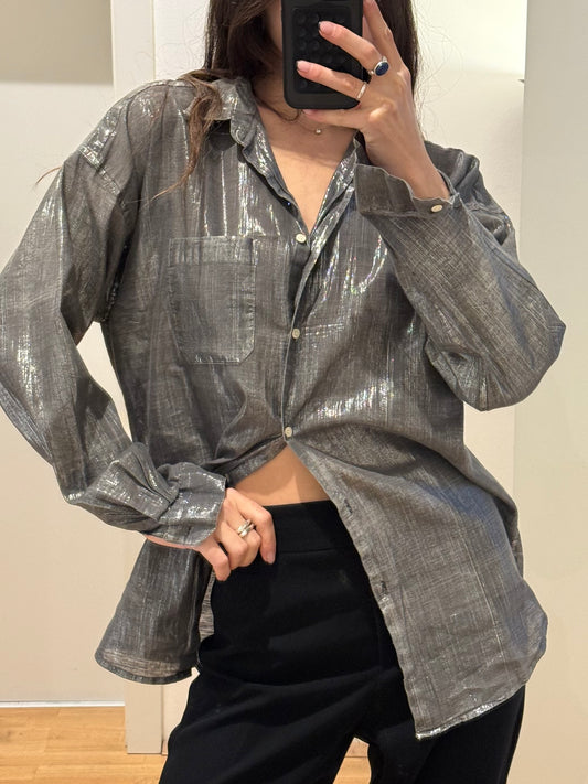 Vintage Gunmetal Gray/Silver Metallic Button Down Blouse Top M
