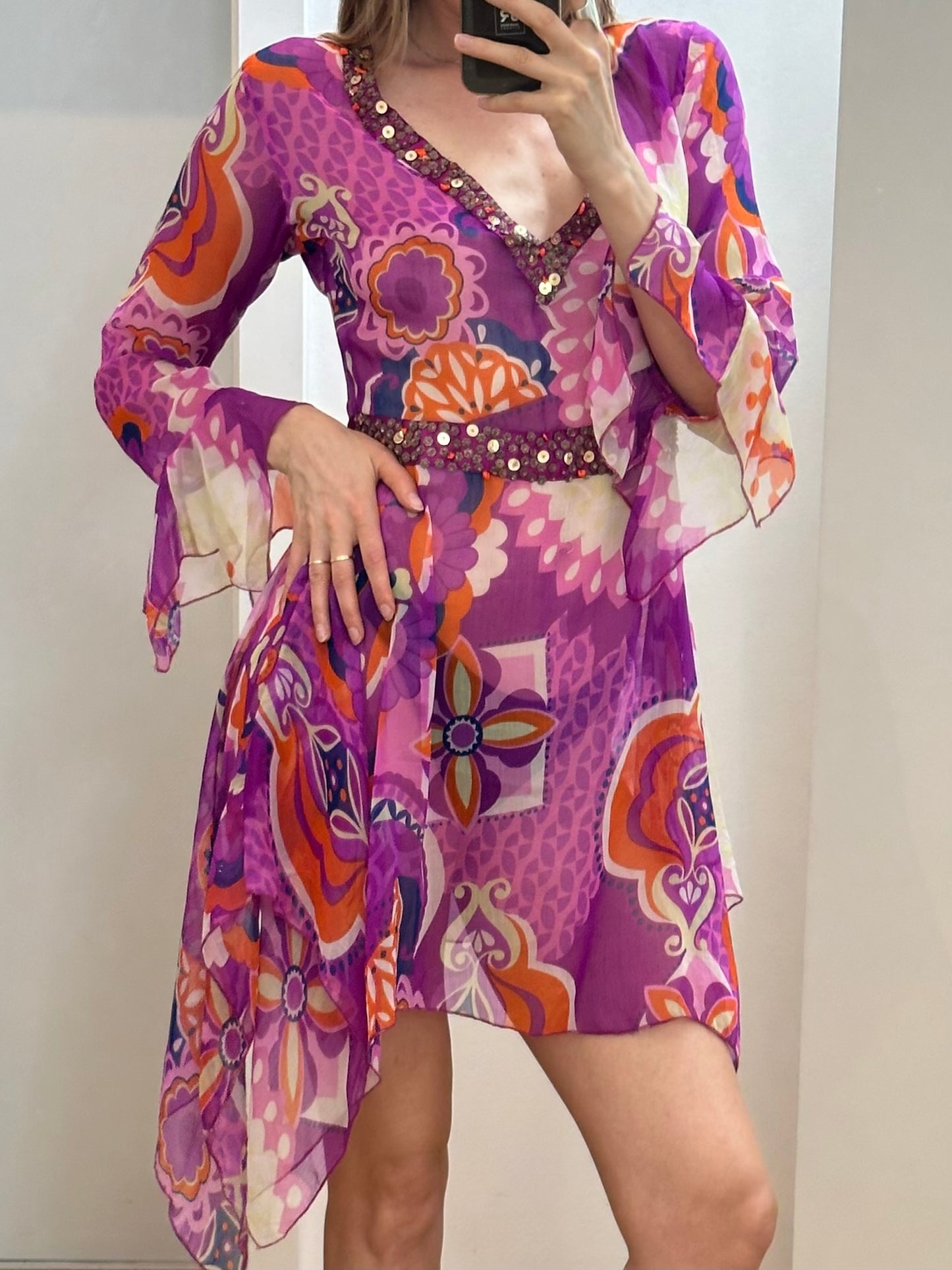 Colourful Printed Pink Multicolour Tunic Sheer Top S