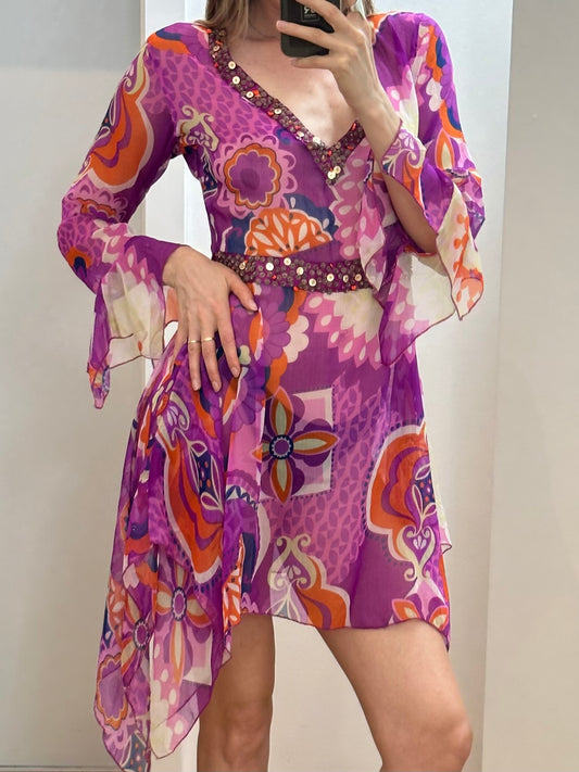Colourful Printed Pink Multicolour Tunic Sheer Top S