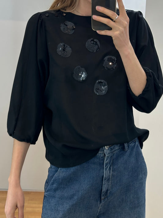 Vintage Black Sequin Blouse M