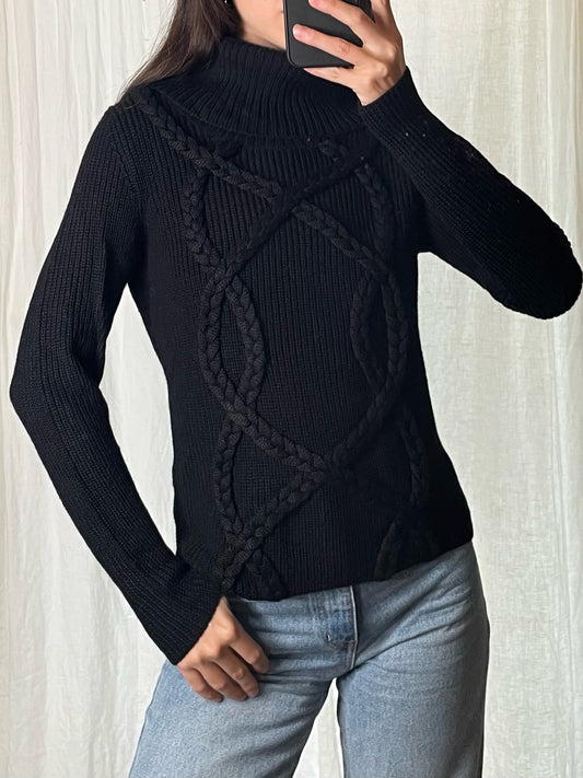 Black Ribbed Cable Knit High Neck Sweater S