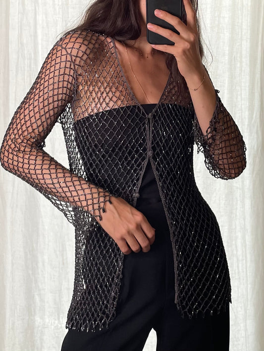 Vintage Dark Gray Sequin Fishnet Knit Cardigan S