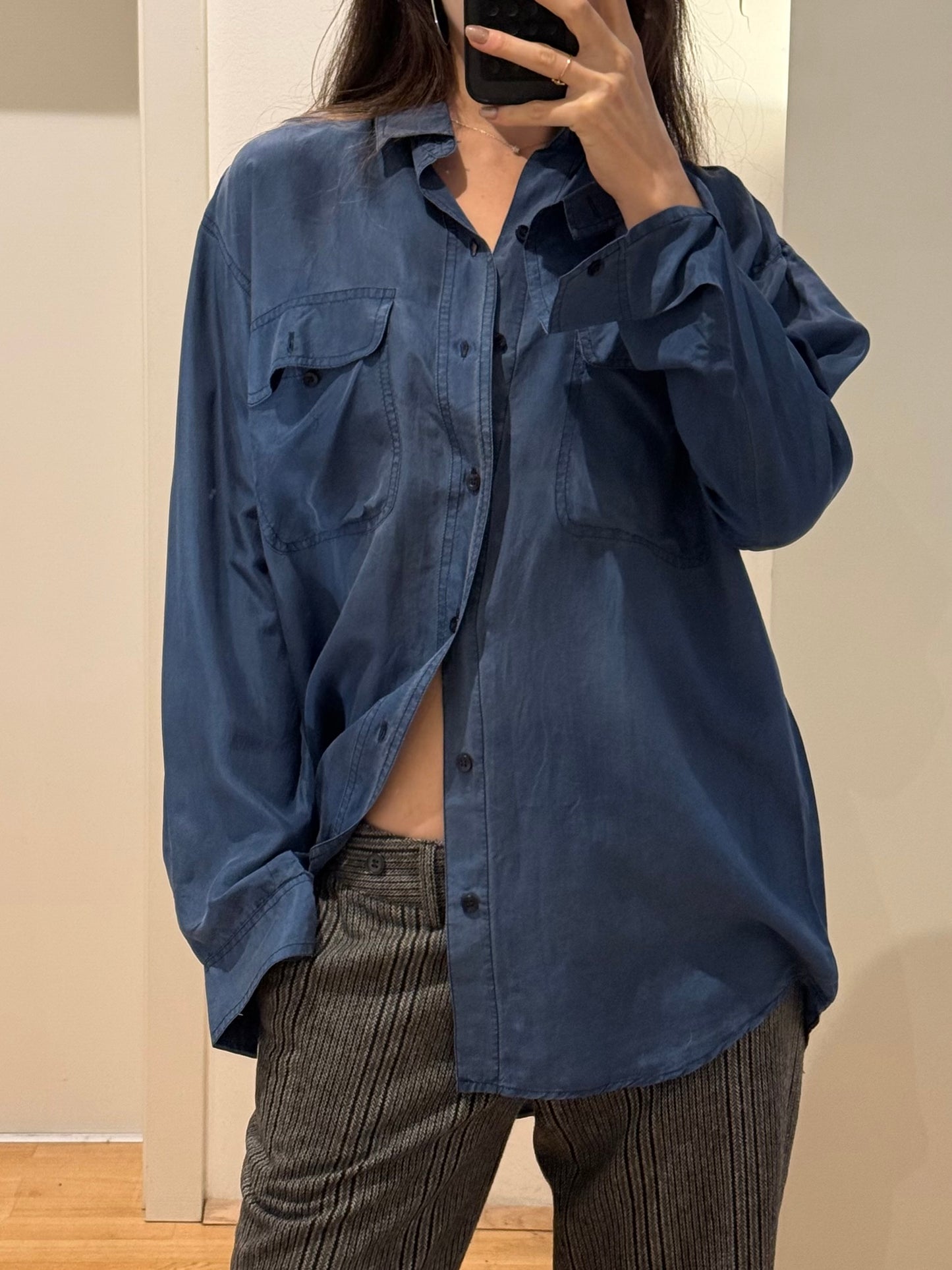 Vintage 100% Silk Blue Button Down Blouse M/L