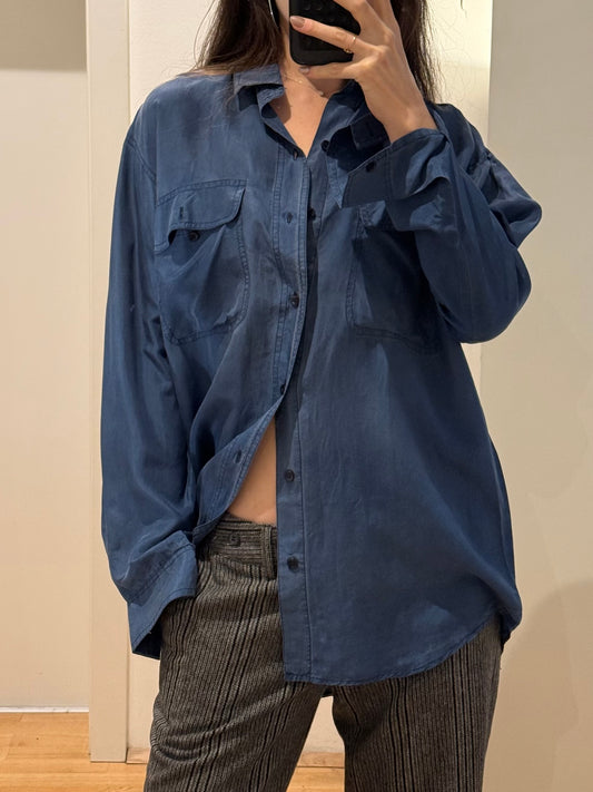 Vintage 100% Silk Blue Button Down Blouse M/L