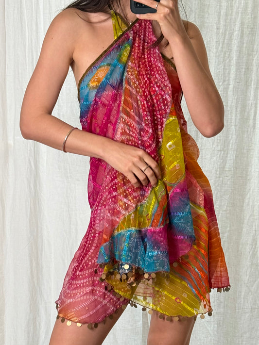 Rainbow Multicolor Sheer Wrap Skirt/Mini Dress One Size