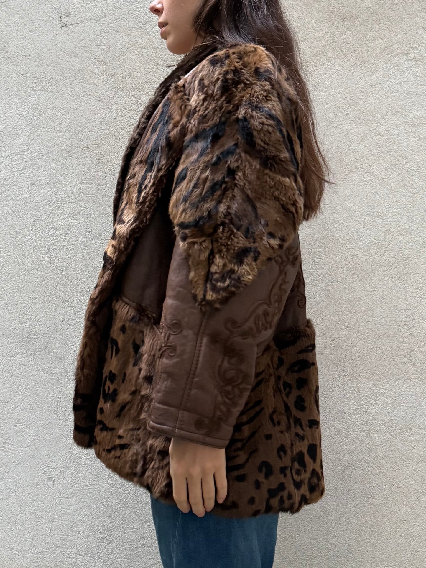 Vintage Tiger/Cheetah Real Lamb Shearling & Fur Brown Embroidered Coat