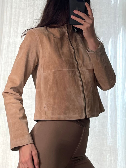 Vintage 100% Genuine Suede Leather Jacket Brown Khaki S